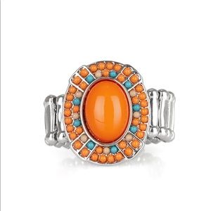 Orange seed bead ring with aqua stones accent